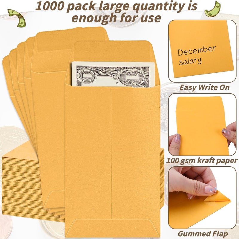 UZLU 1000 Pack Money Envelopes 3.5x6.5in Brown Kraft Small Cash Envelopes Small Parts Envelopes with Gummed Flap for Home and Office Use, Small Item Organizer - Image 5
